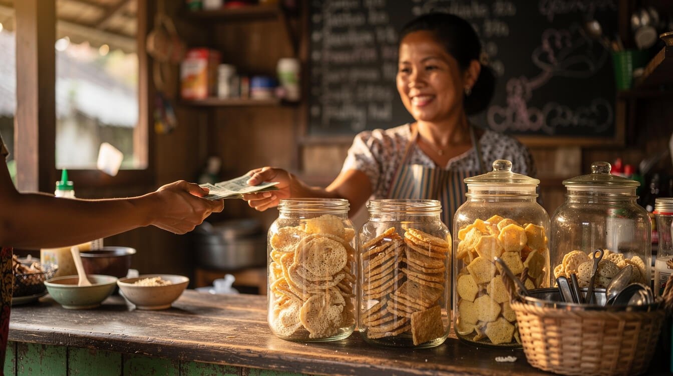 Balinese currency changing hands at a small family warung counter in Ubud