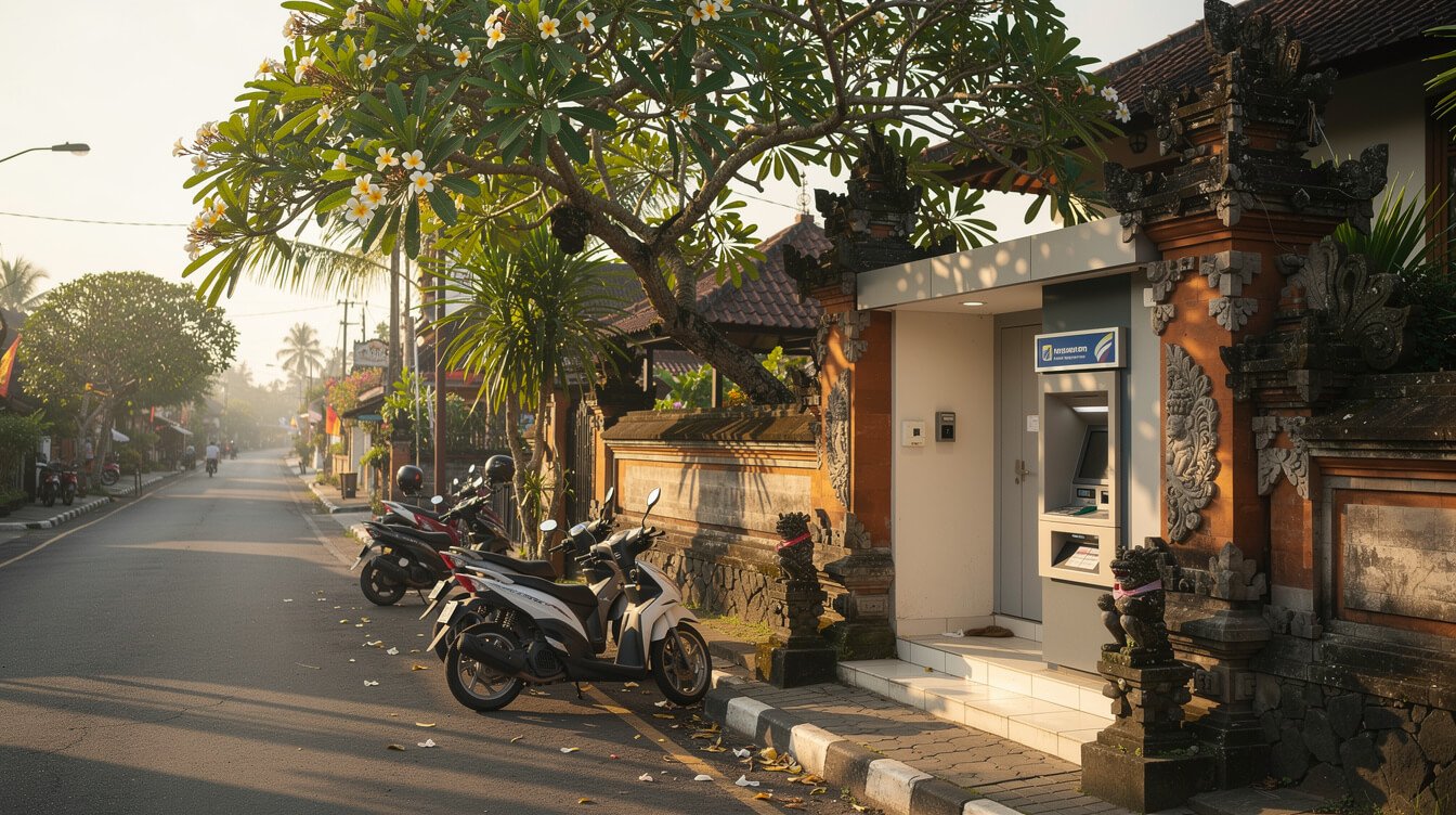 ATM booth set into a bank wall on a quiet Ubud street with scooters and a frangipani tree