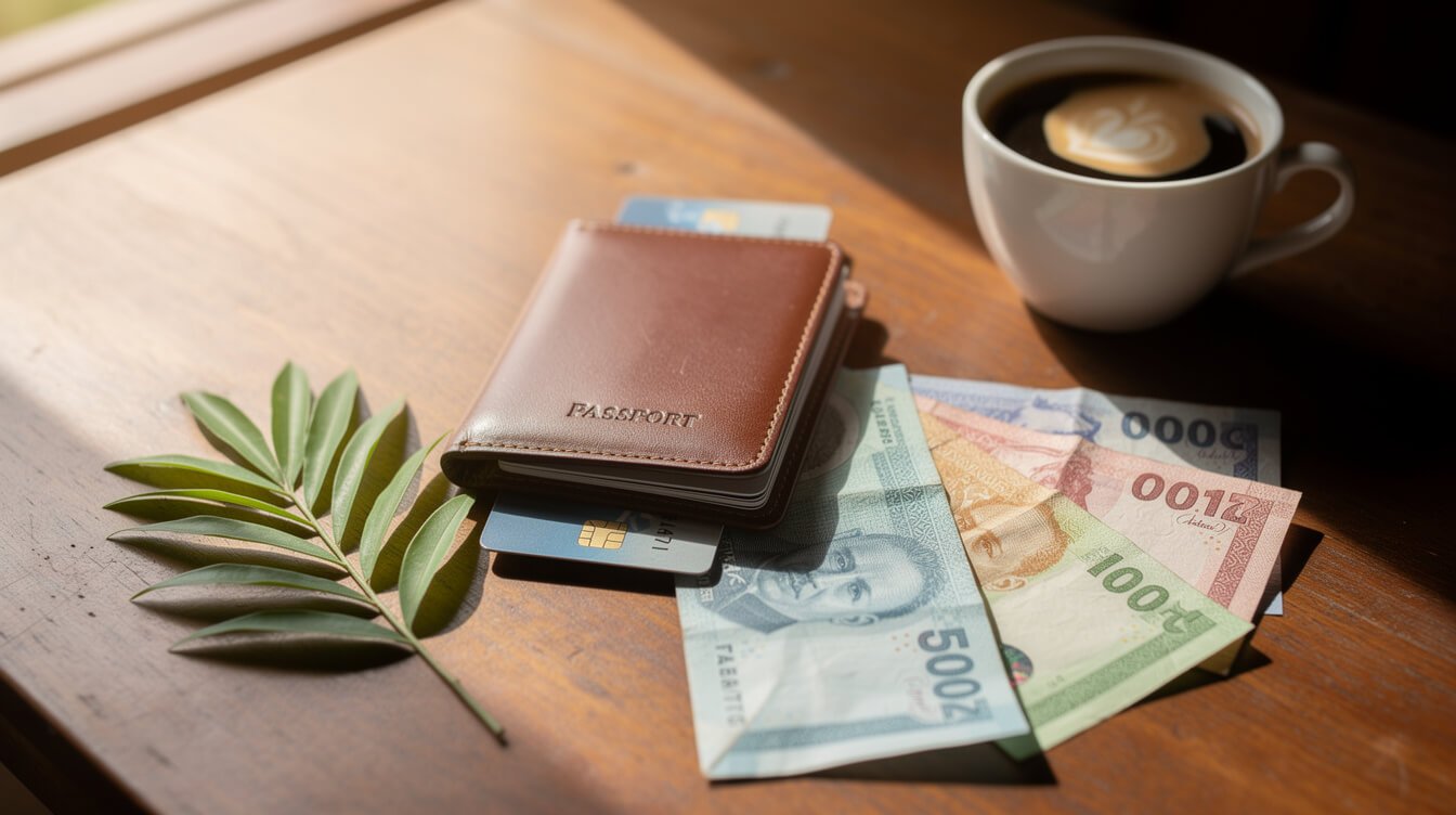 Passport wallet with crisp foreign banknotes and a travel card on a villa desk in Bali