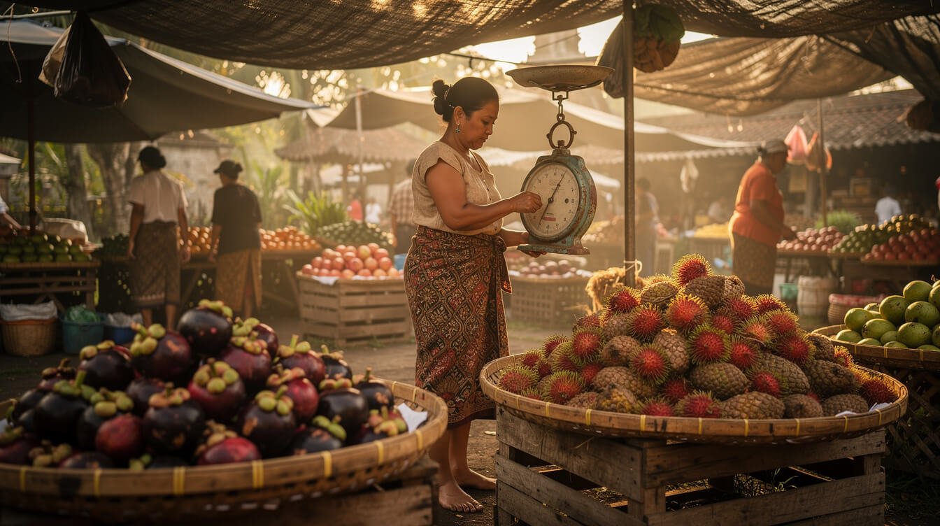 Balinese vendor weighing tropical fruit on an old scale at an Ubud morning market