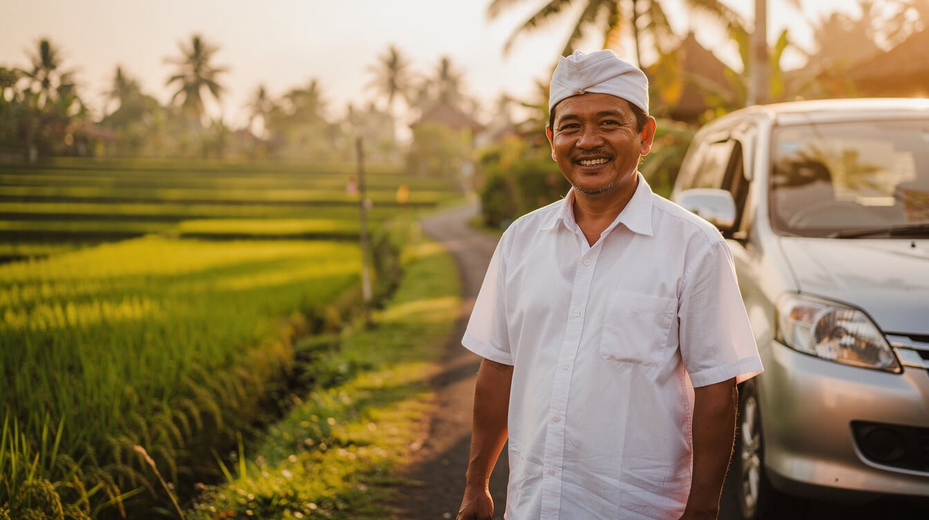 Smiling Balinese driver in a white shirt and udeng headcloth beside a car on a rice field lane