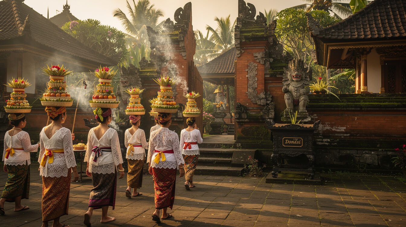 Ubud temple courtyard during a ceremony with women carrying offering towers and a donation box at the gate