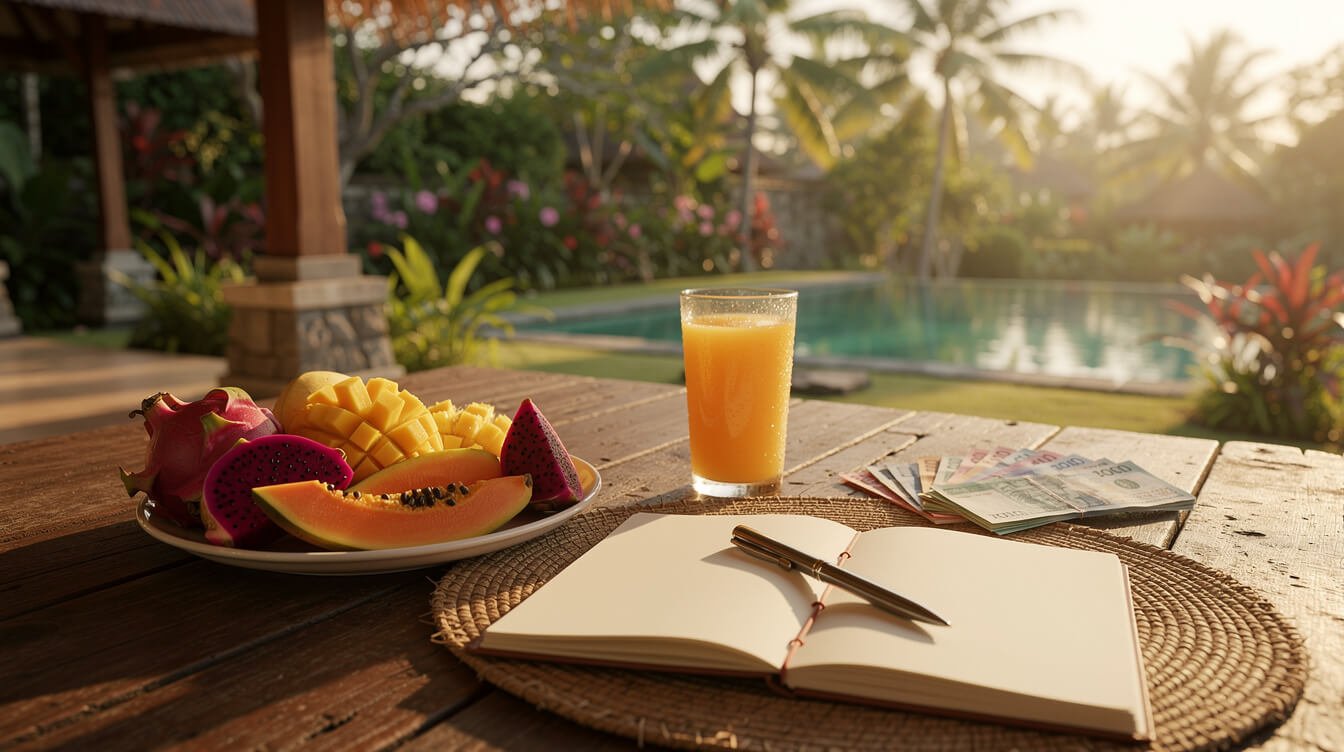 Villa breakfast table on a Balinese terrace with fruit, a travel notebook and folded rupiah notes