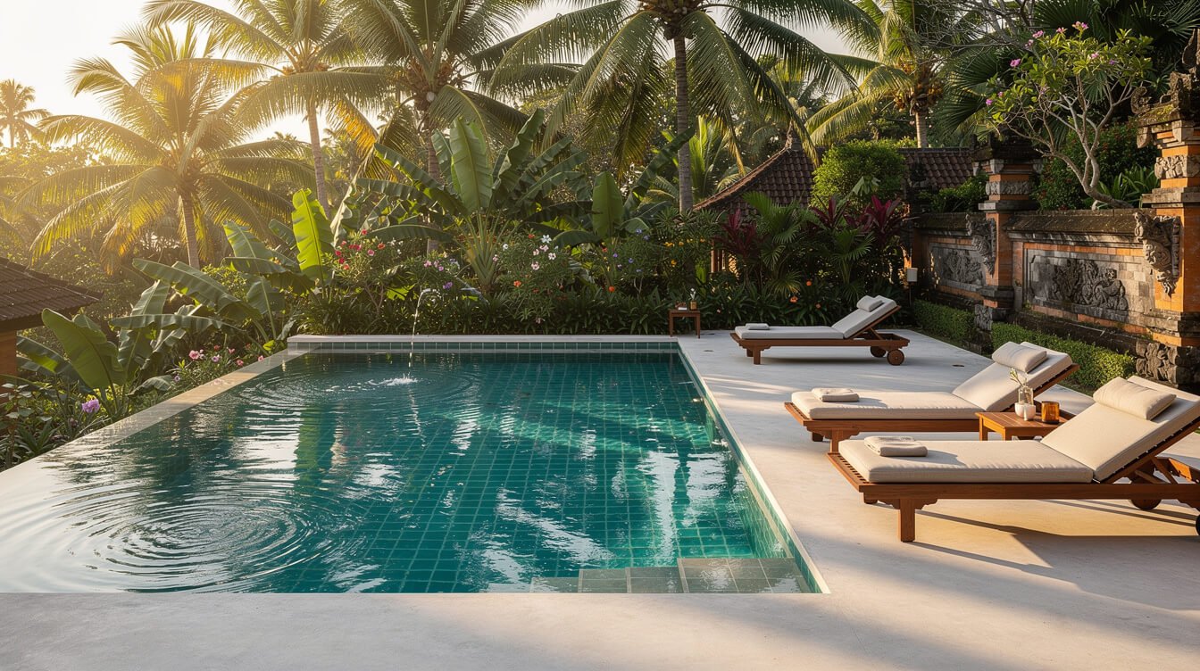Villa Amrita pool deck at golden hour