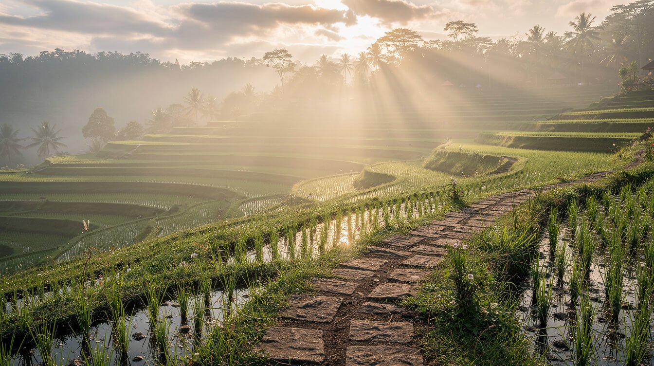 Misty rice terraces at sunrise near Ubud, journey begins