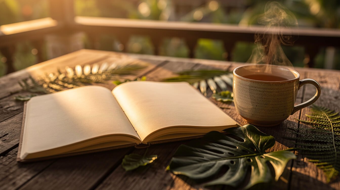 Open notebook and tea on a villa terrace at sunset