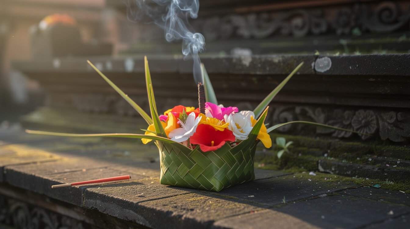 canang sari flower offering beside temple incense in Ubud representing balinese flower bath origins