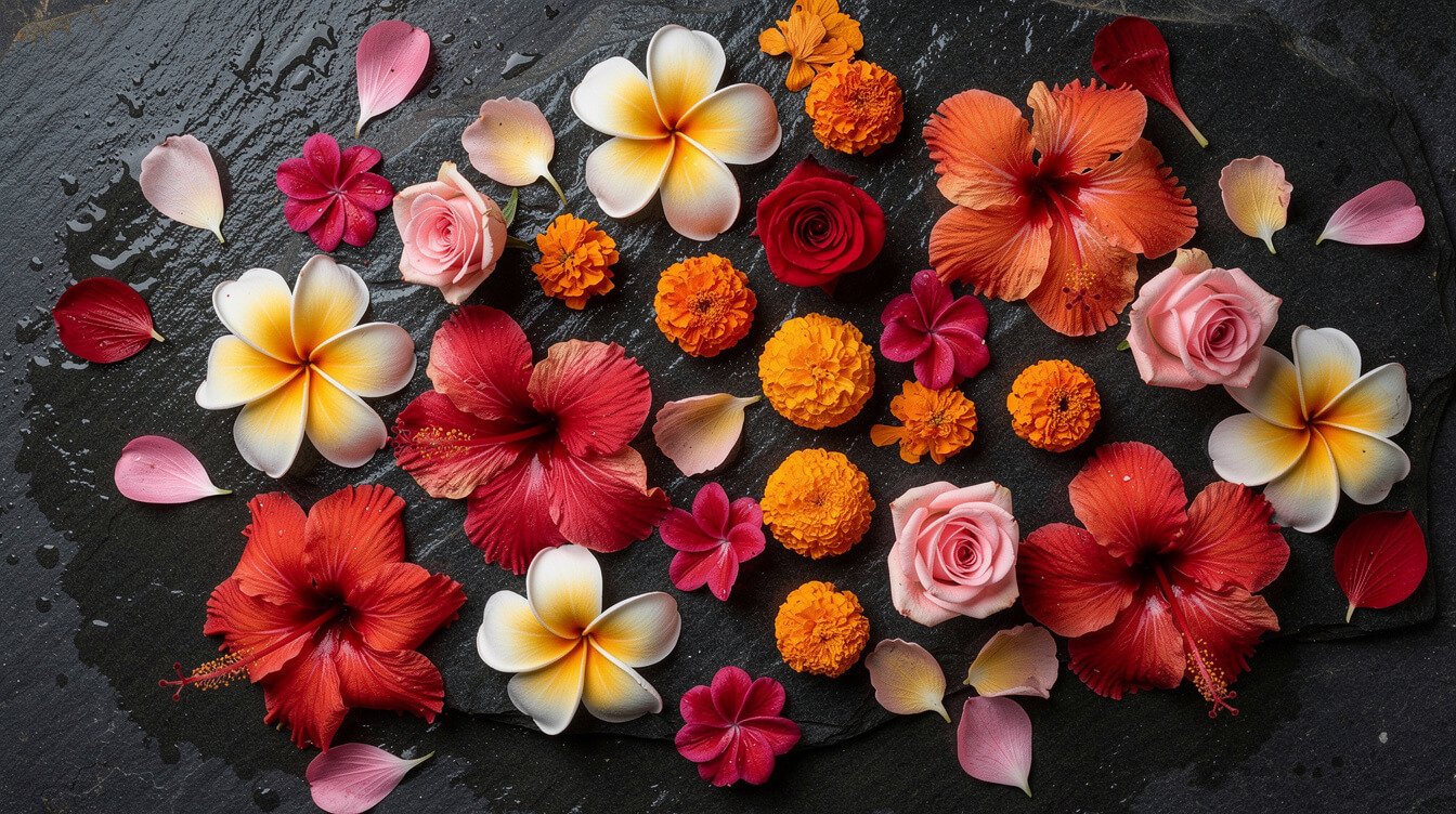 frangipani marigold rose and hibiscus petals arranged for a balinese flower bath