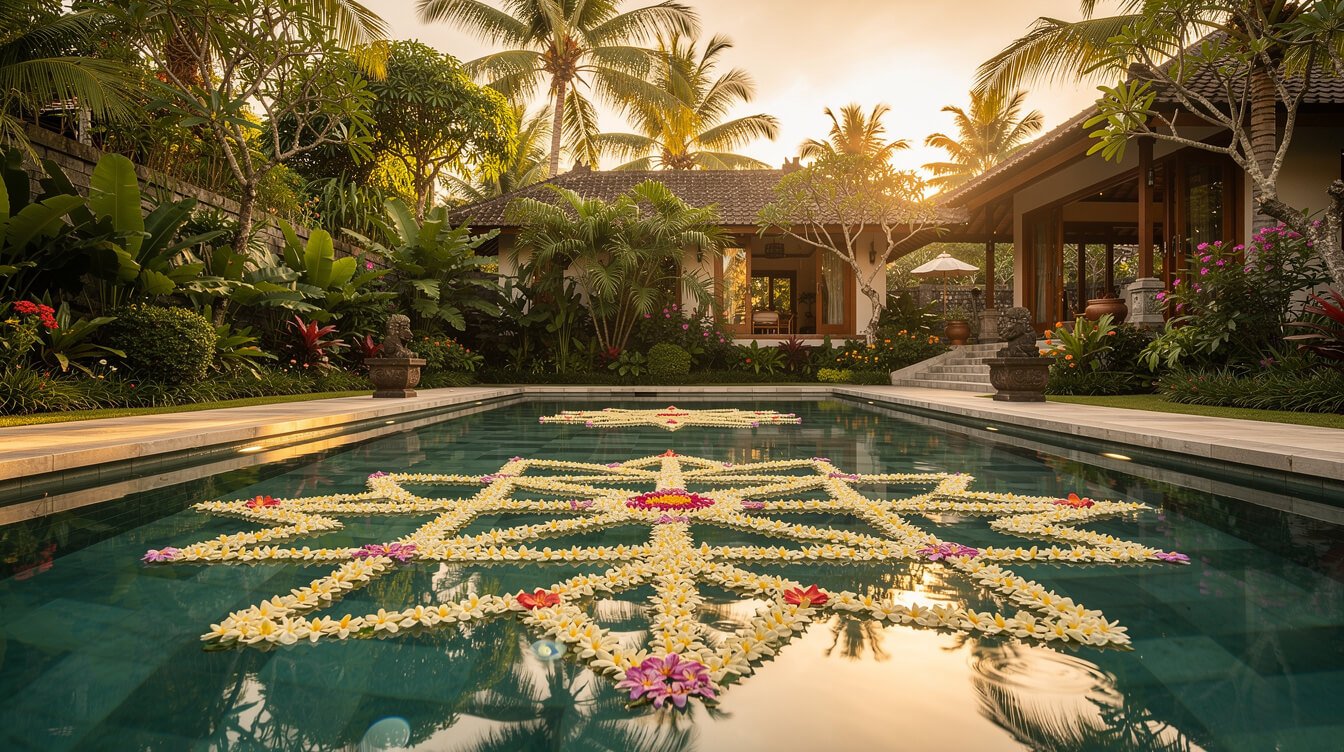private pool decorated with floating flower petals in a Bali villa, distinct from a balinese flower bath