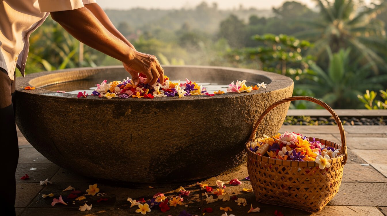 villa spa therapist preparing a private balinese flower bath on a terrace in Ubud
