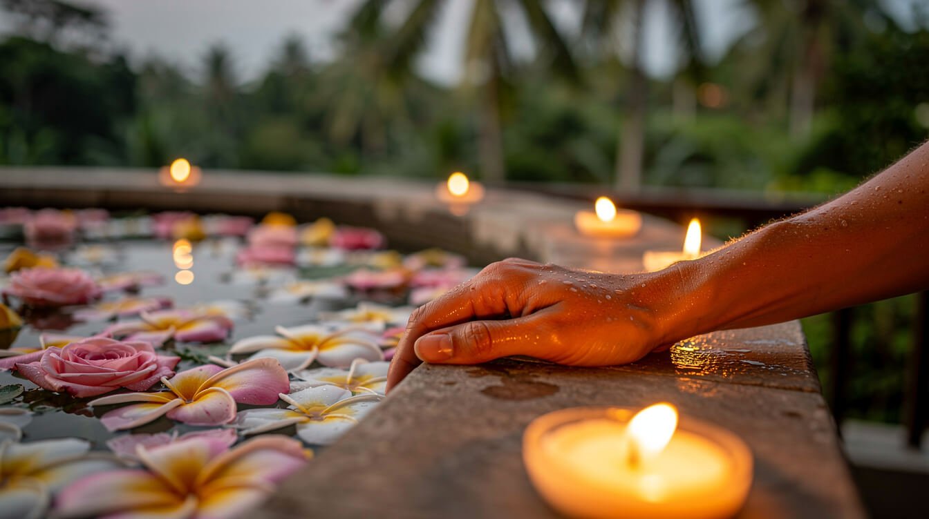 hands resting in a warm balinese flower bath with candles at dusk in Ubud