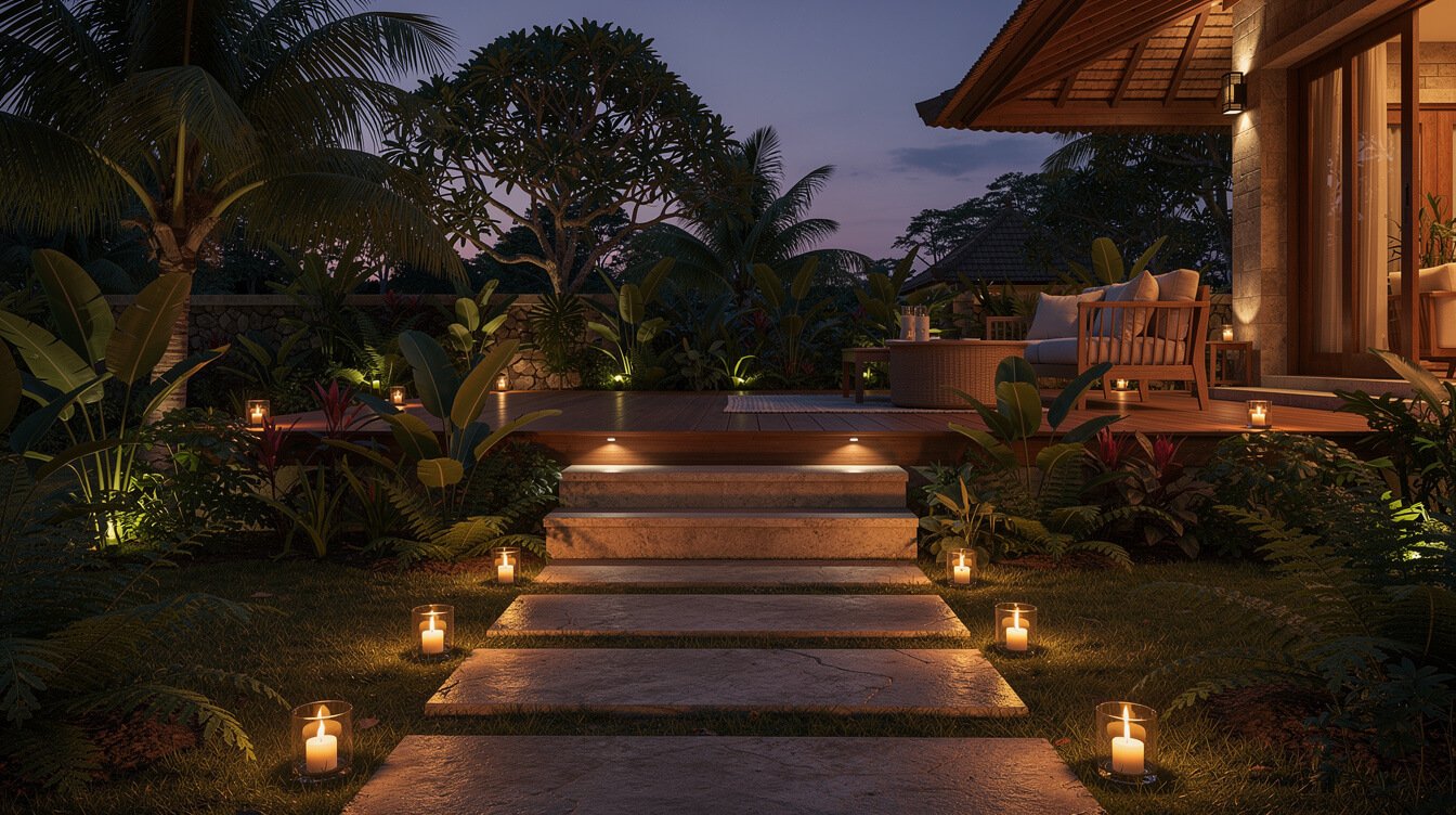 peaceful garden terrace at dusk after a balinese flower bath ritual in Ubud