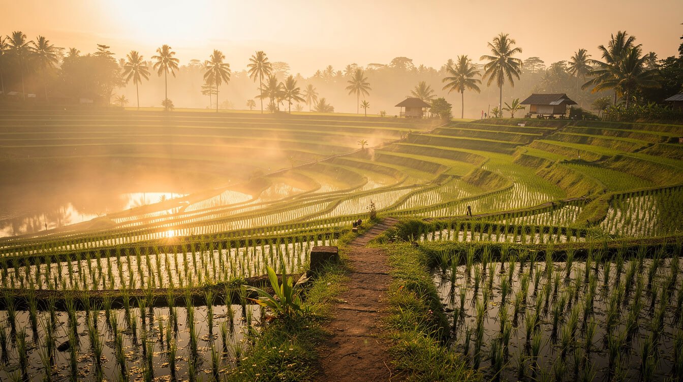 Misty rice terraces at sunrise near Ubud