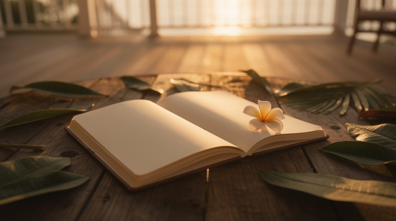 Open journal with frangipani leaves at sunset