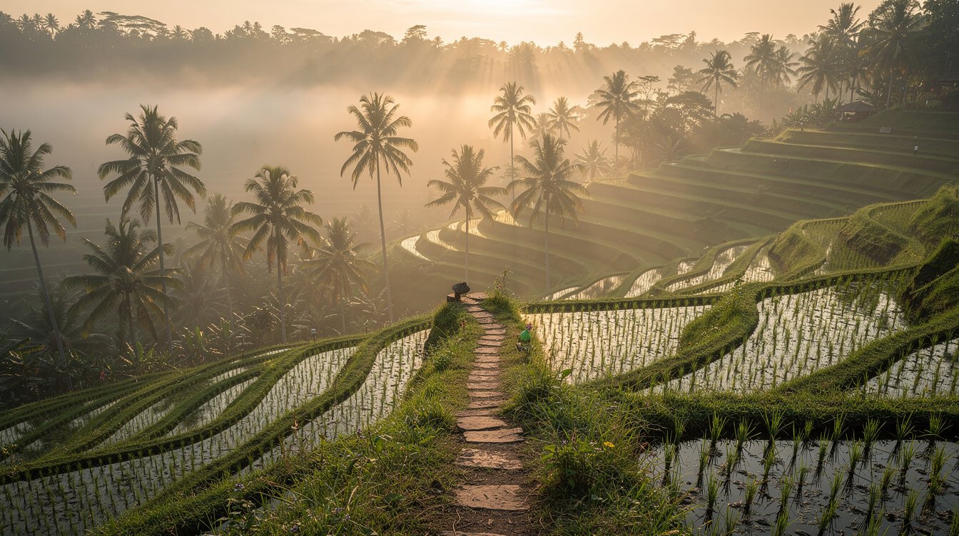 Misty Ubud rice terraces at sunrise with a narrow paddy footpath and coconut palms