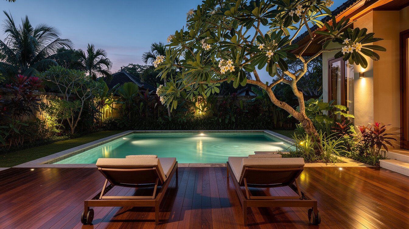 Private villa pool in Ubud at blue hour with timber decking, two loungers and a frangipani tree