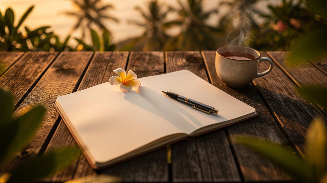 Open notebook with a pen, a frangipani flower and a cup of tea on a teak deck at sunset in Bali