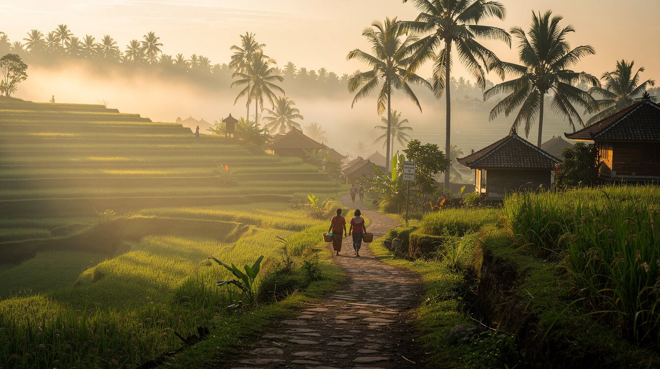 Misty Ubud rice terraces at sunrise with a narrow village footpath and coconut palms
