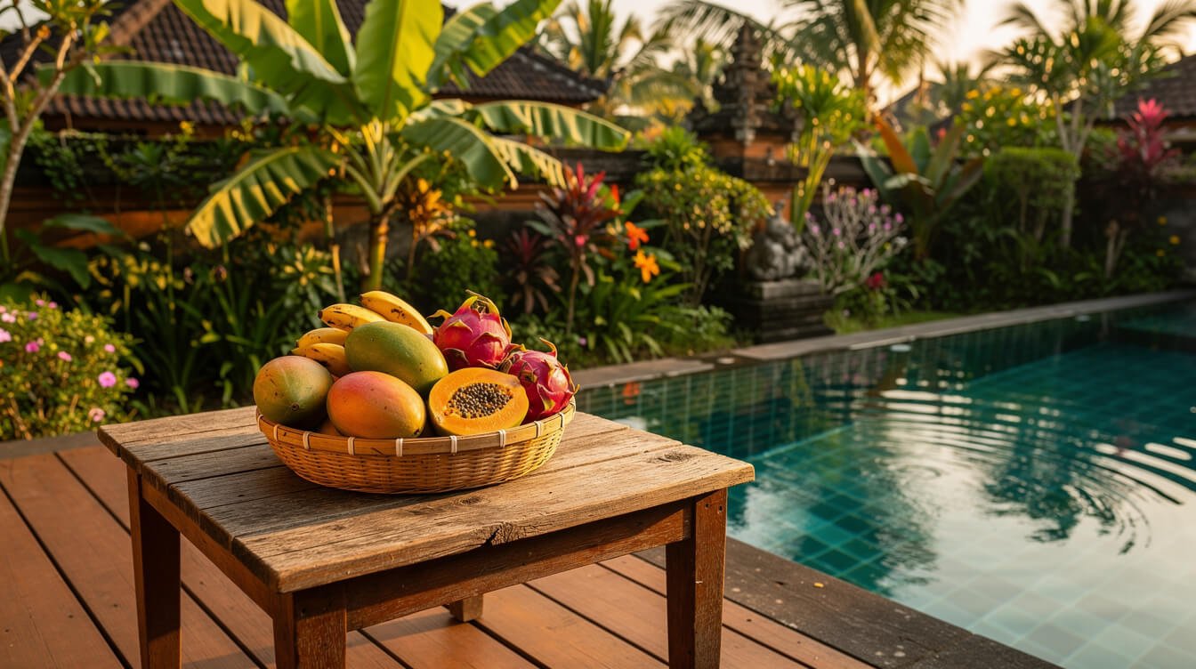 Villa pool deck in Ubud with a woven bamboo fruit basket on a low table and tropical garden