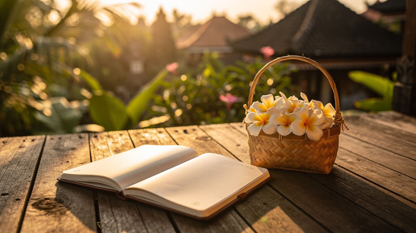 Open notebook and a small handwoven bamboo basket with frangipani on a teak deck at sunset in Bali