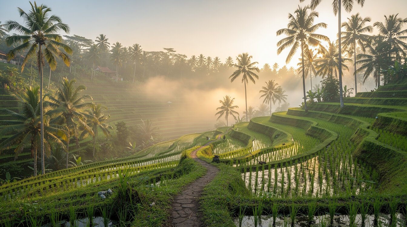 Misty Ubud rice terraces at sunrise with a narrow paddy footpath and coconut palms