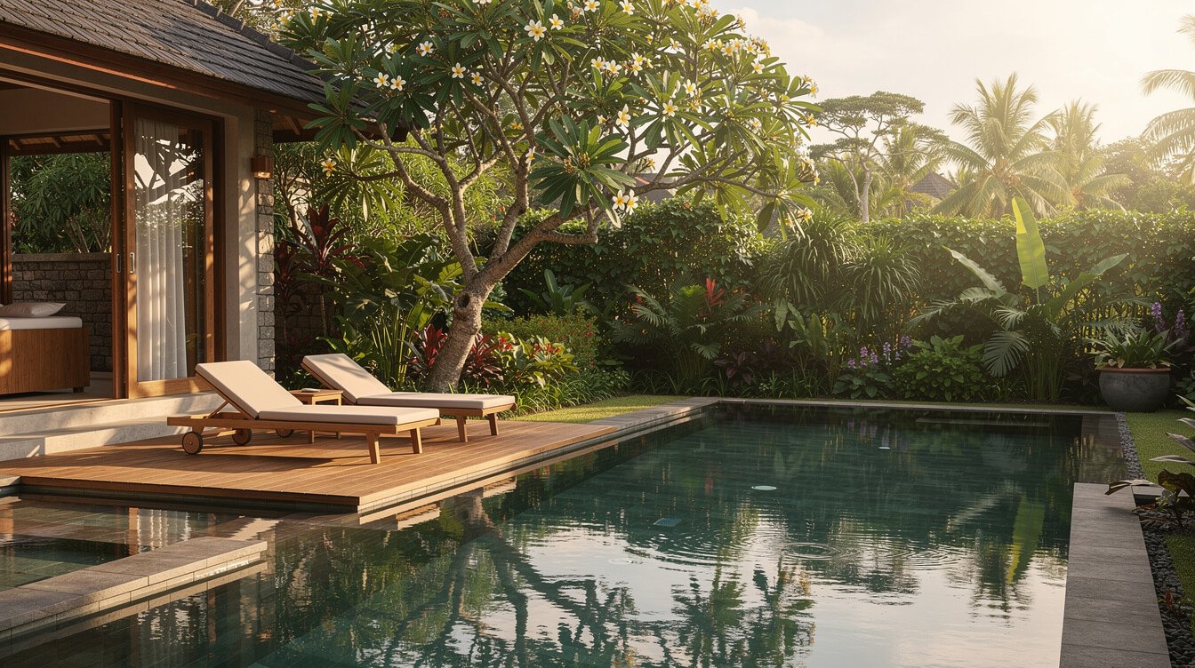 Private villa pool in Ubud in late afternoon light with a warm timber deck, loungers and a frangipani tree