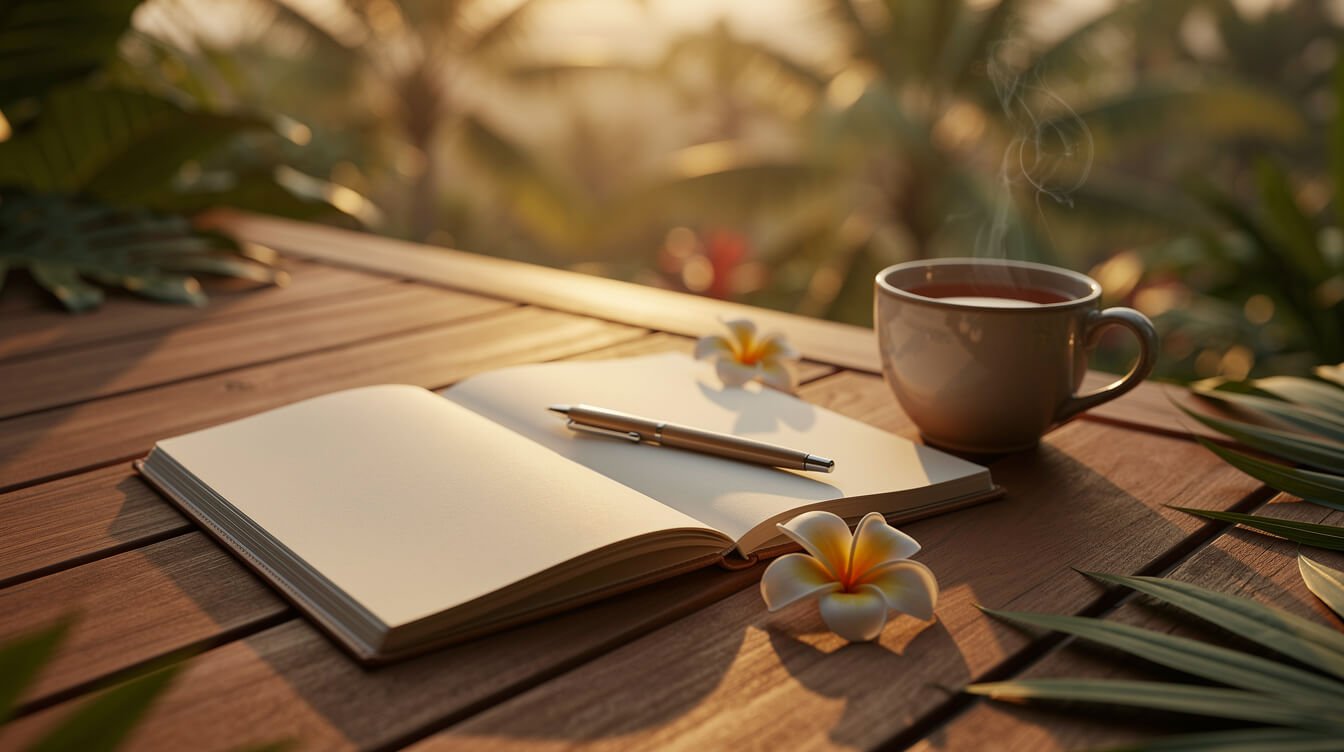 Open notebook with a pen, a frangipani flower and a cup of tea on a teak deck at sunset in Bali
