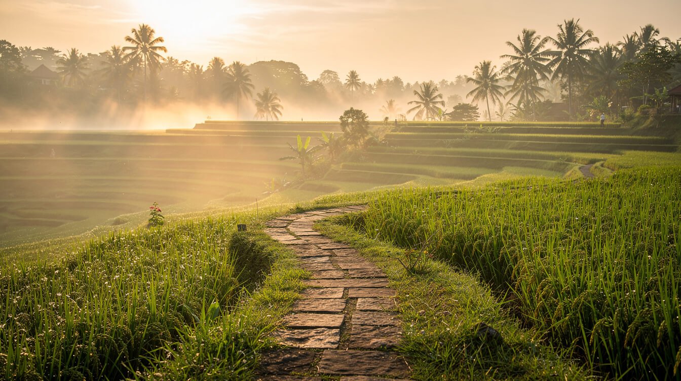 Misty rice terraces at sunrise near an Ubud villa