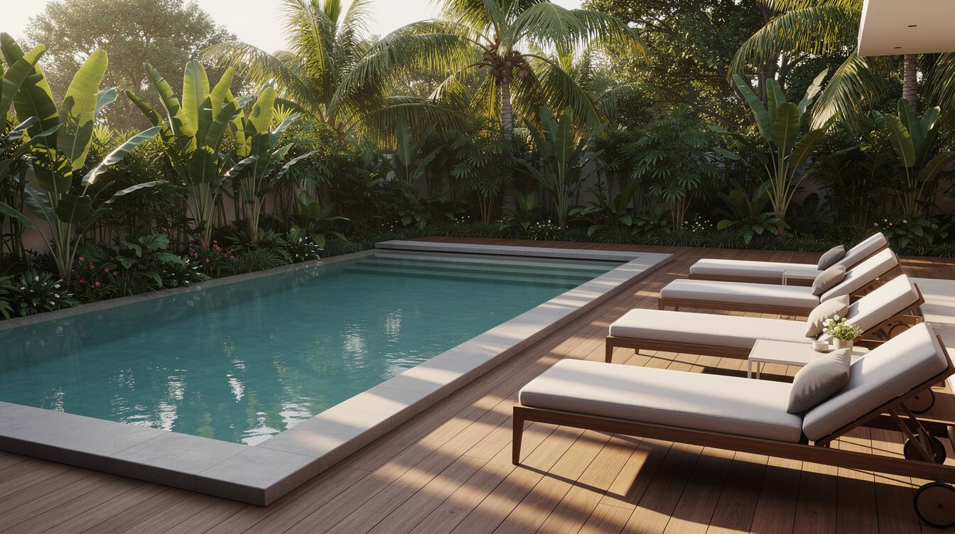 Private pool deck of a staffed villa in Ubud at golden hour
