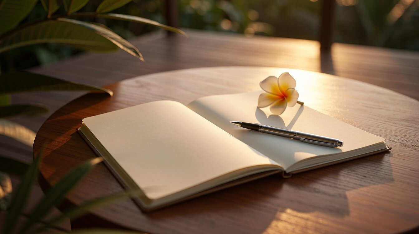 Open notebook on a sunset deck at an Ubud villa