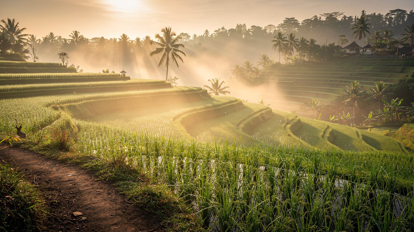 Misty Ubud rice terraces at sunrise
