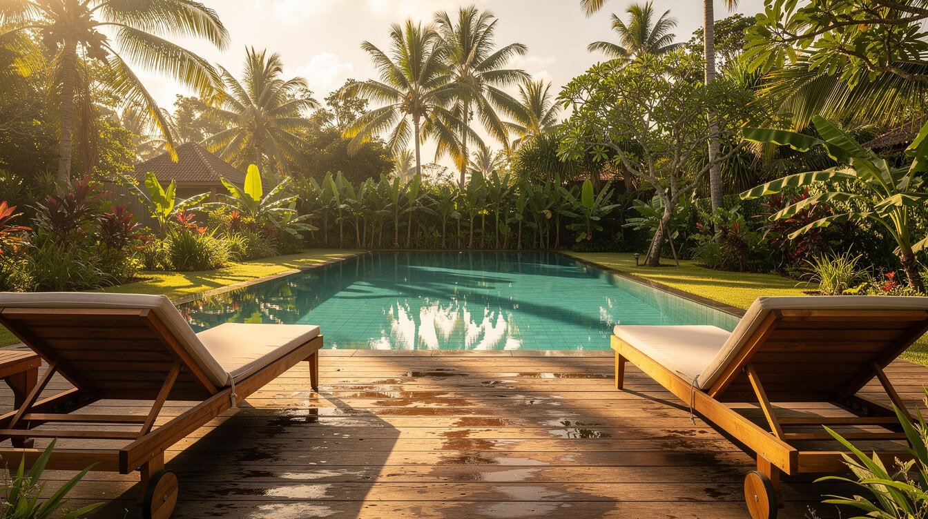 Private pool deck at a staffed villa in Ubud