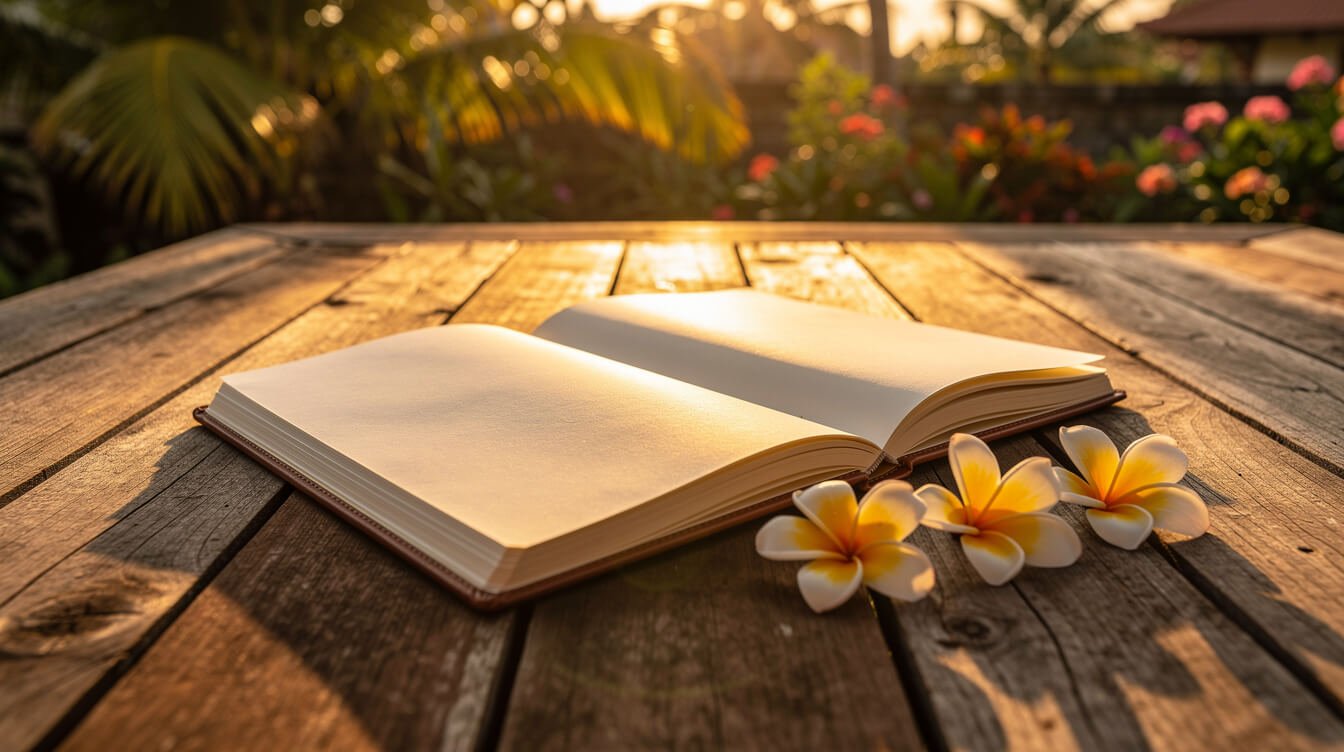 Open notebook on a wooden deck at sunset