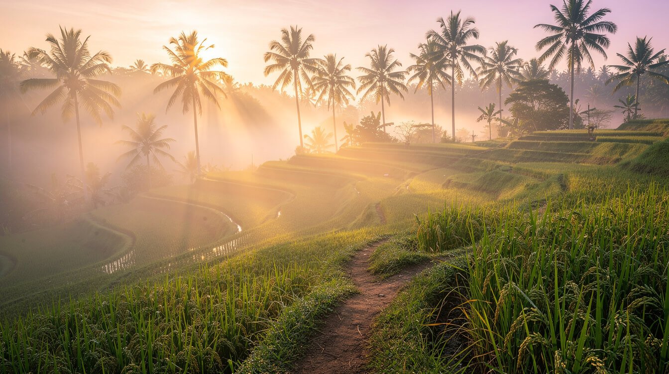 Misty Ubud rice terraces with a footpath and coconut palms at sunrise