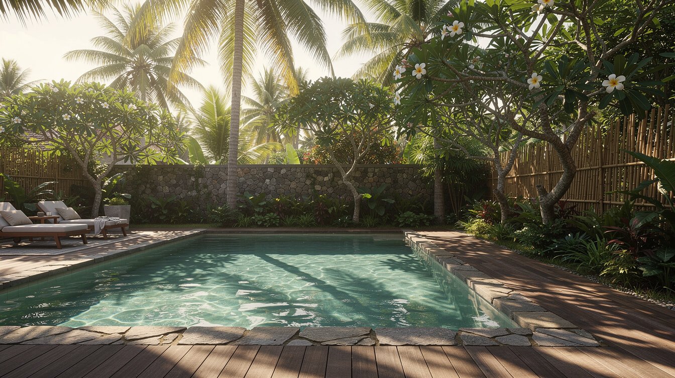 Private pool deck and tropical garden at a staffed villa in Ubud