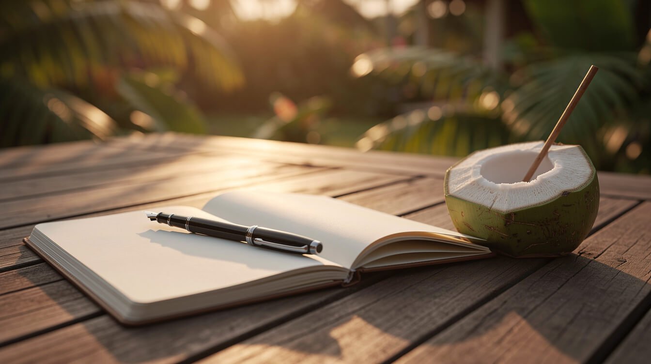 Open notebook and a young green coconut on a wooden villa deck at sunset in Bali
