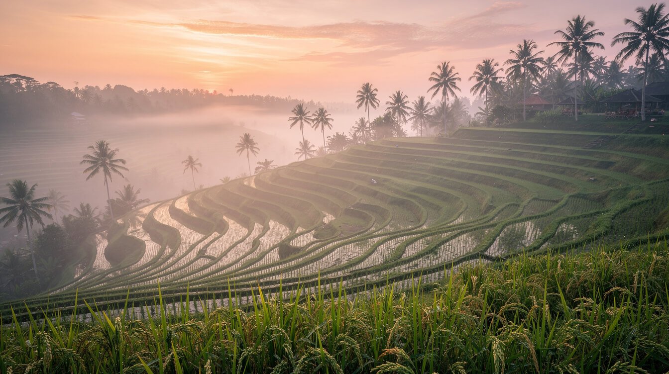 Misty Ubud rice terraces at sunrise