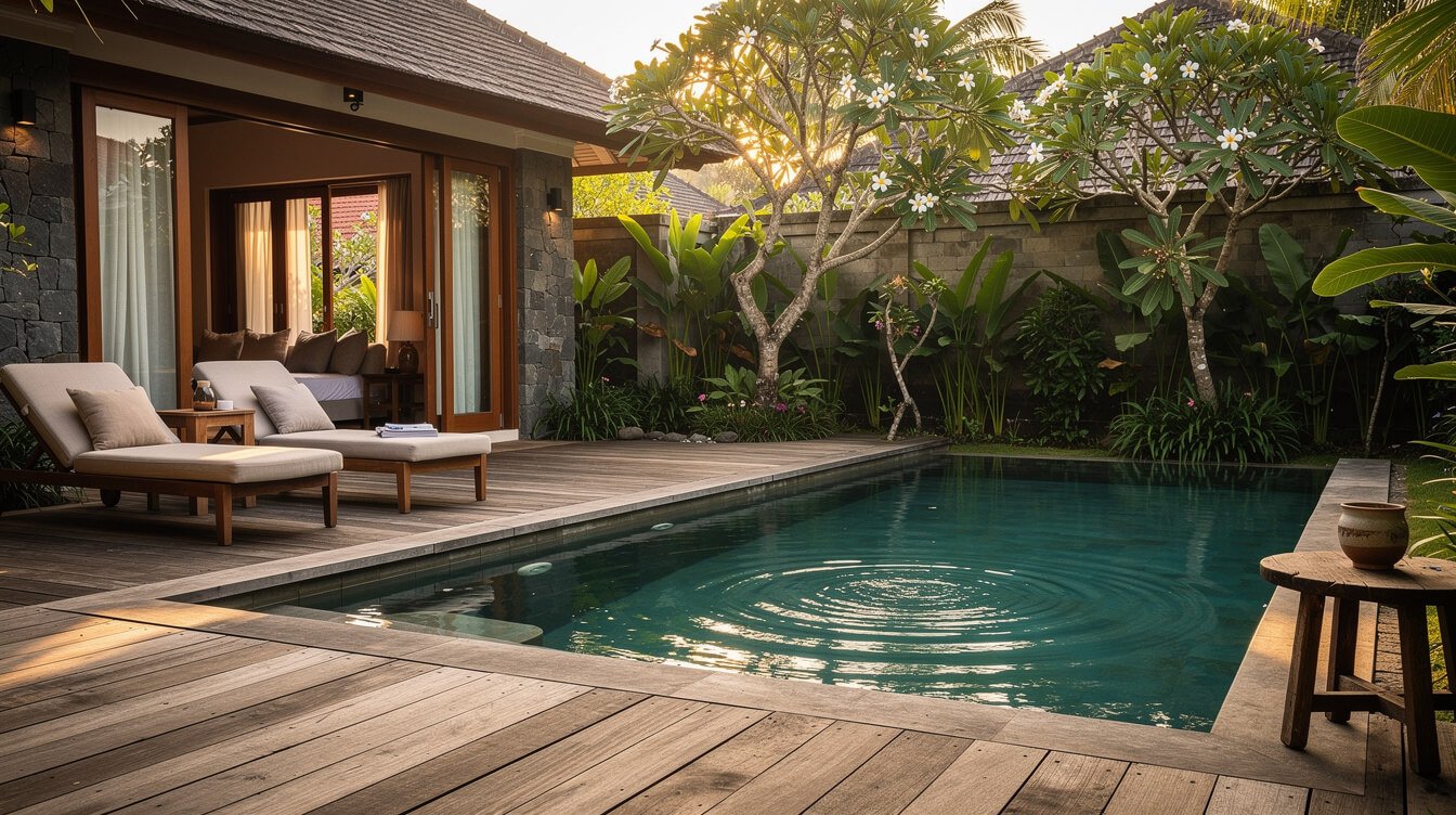 Private pool deck at a staffed villa in Ubud