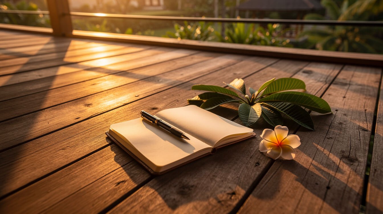Open notebook on a wooden deck at sunset