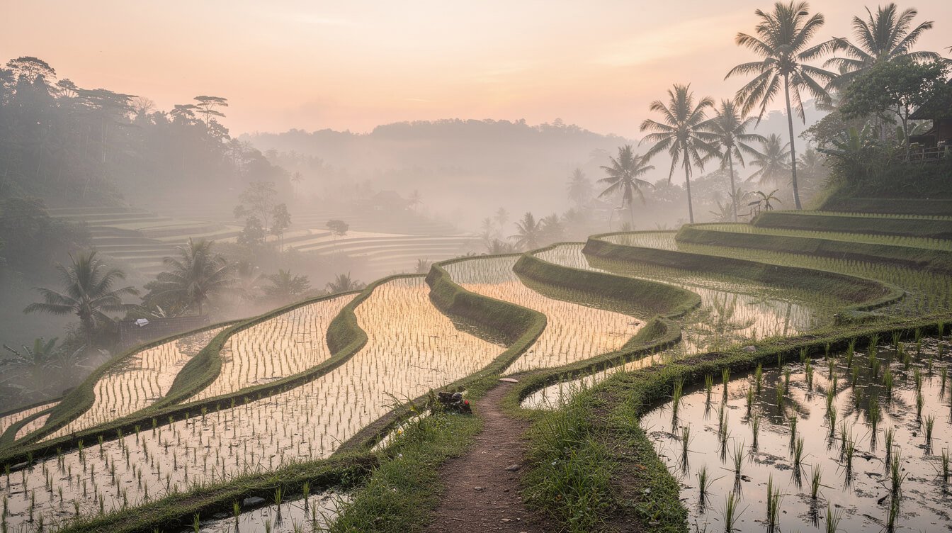 Misty Ubud rice terraces at sunrise with a narrow earthen footpath between flooded paddies and coconut palms