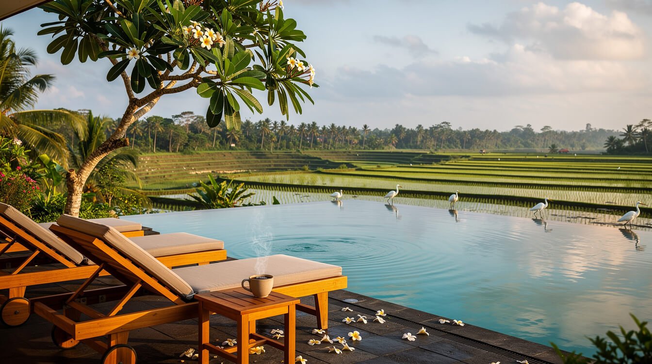 Private villa pool deck in Ubud with teak loungers and morning coffee beside a still pool, white egrets in the rice fields beyond