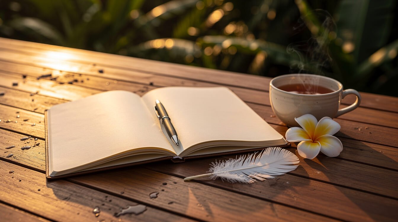 Open notebook and pen on a teak terrace table at sunset in Bali beside a white feather, a frangipani flower and a cup of tea