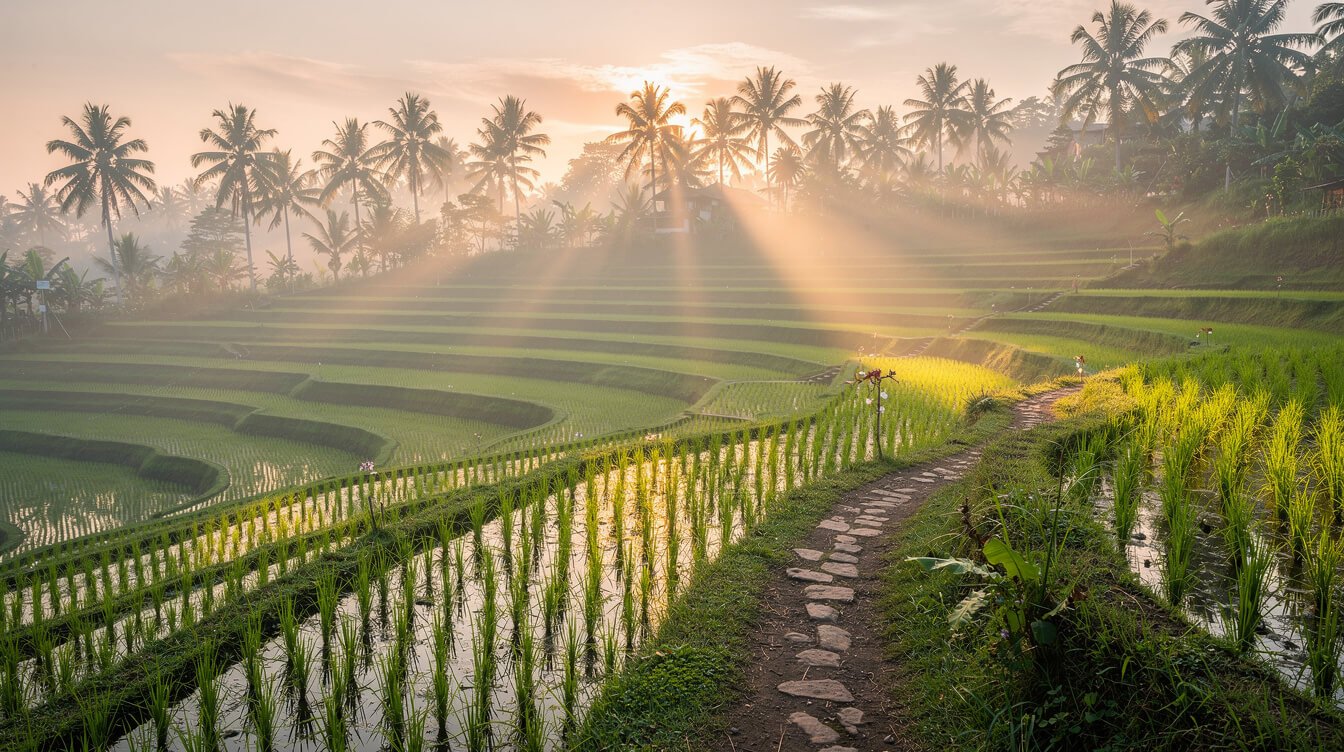 Misty Ubud rice terraces at sunrise with an earthen footpath between green paddies and coconut palms