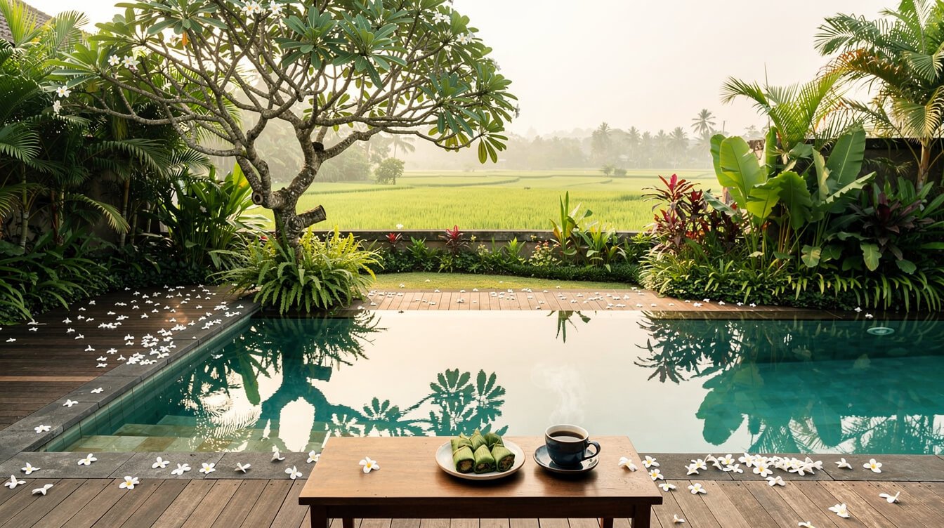 Private villa pool deck in Ubud with a plate of green Balinese sweets and coffee beside a still pool, frangipani and rice fields beyond