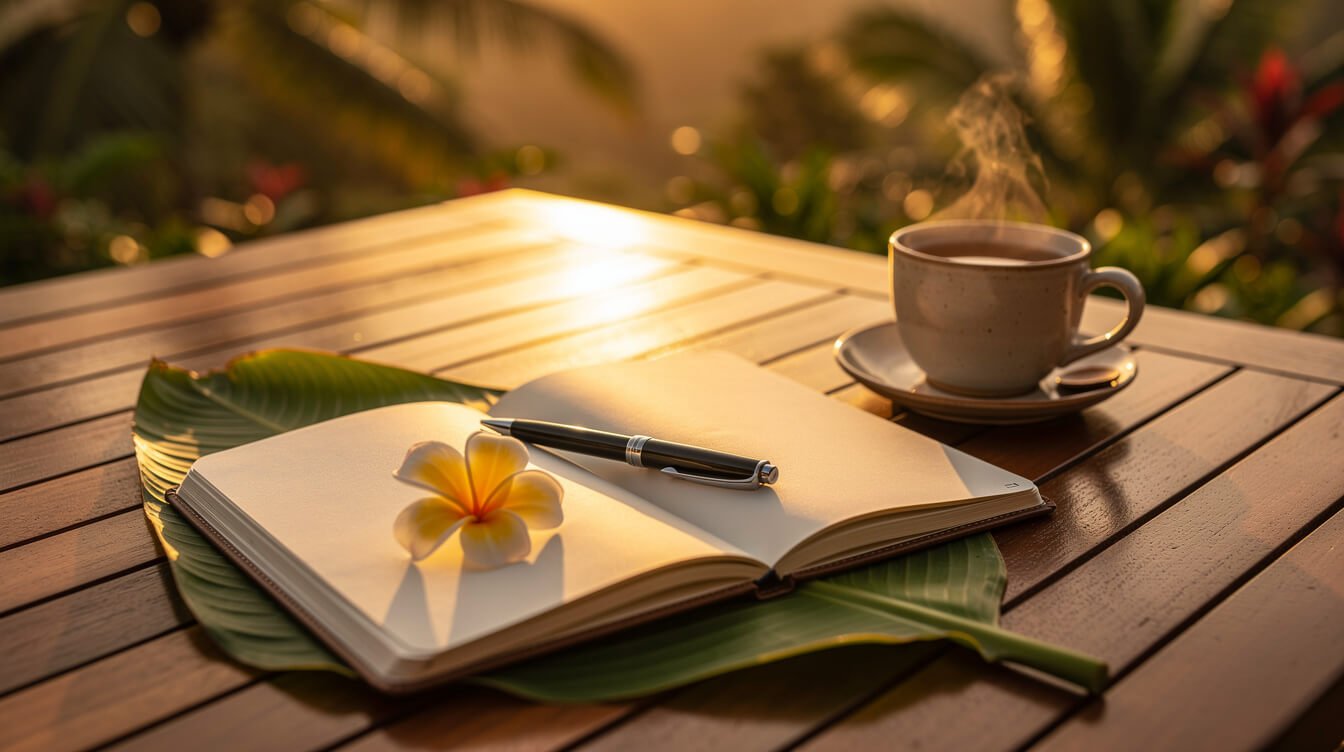 Open notebook and pen on a teak terrace table at sunset in Bali beside a banana leaf, a frangipani flower and a cup of tea