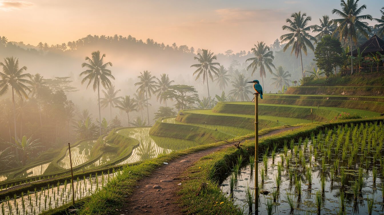 Misty Ubud rice terraces at sunrise with coconut palms, a winding earthen path and a small kingfisher on a bamboo post