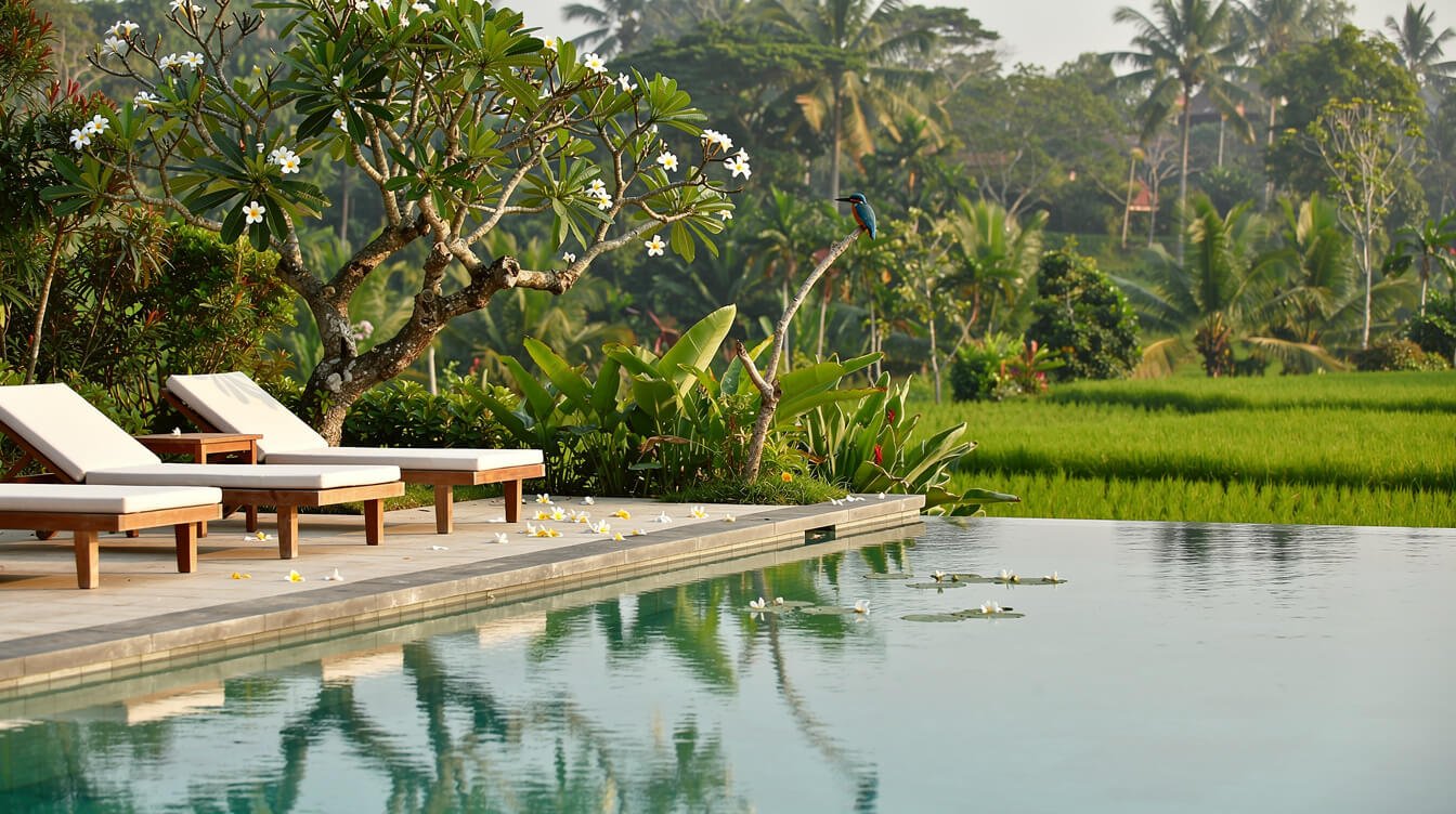 Private villa pool deck in Ubud with teak loungers, a flowering frangipani tree, and a blue kingfisher on a garden branch above green rice fields