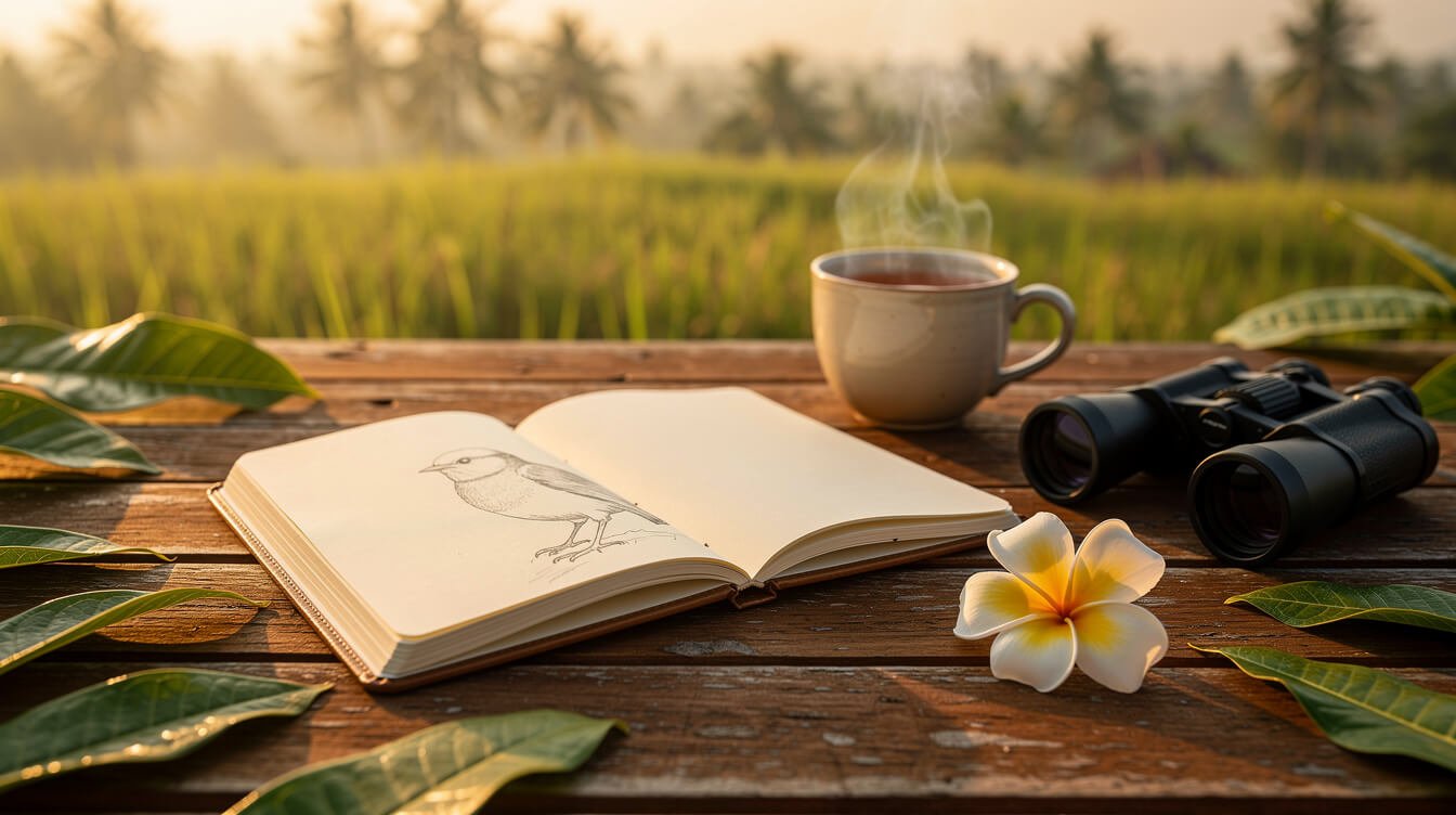 Open notebook with a pencil sketch of a bird on a teak terrace table in Bali, with binoculars, a cup of tea and a frangipani flower