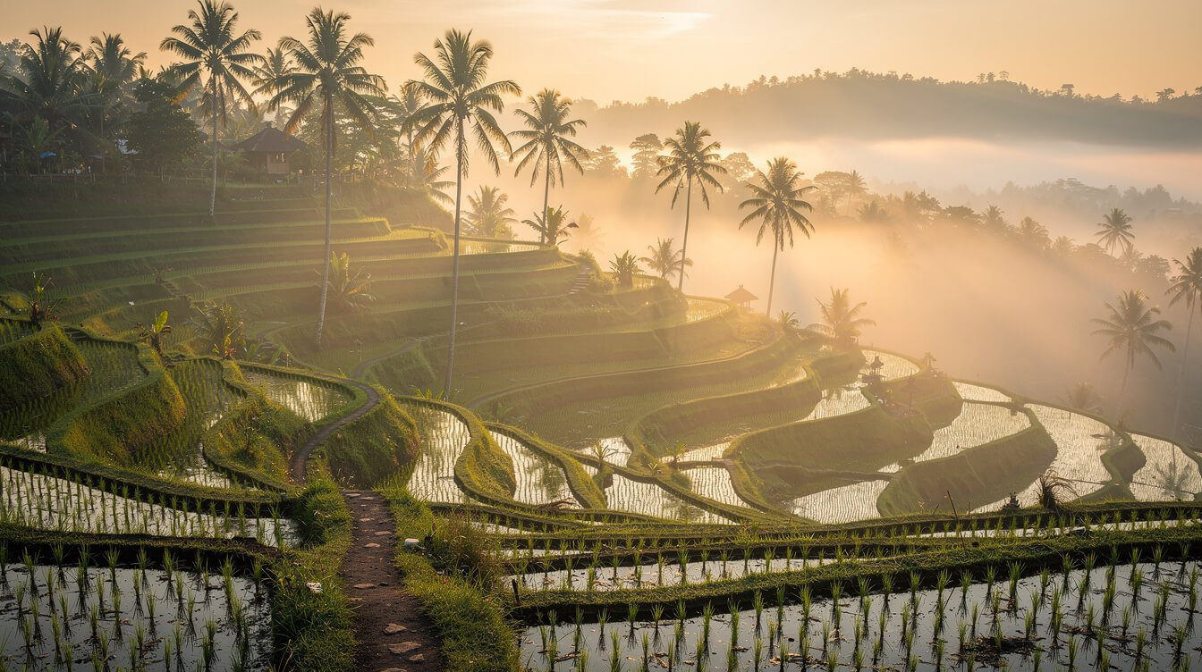 Misty Ubud rice terraces at sunrise