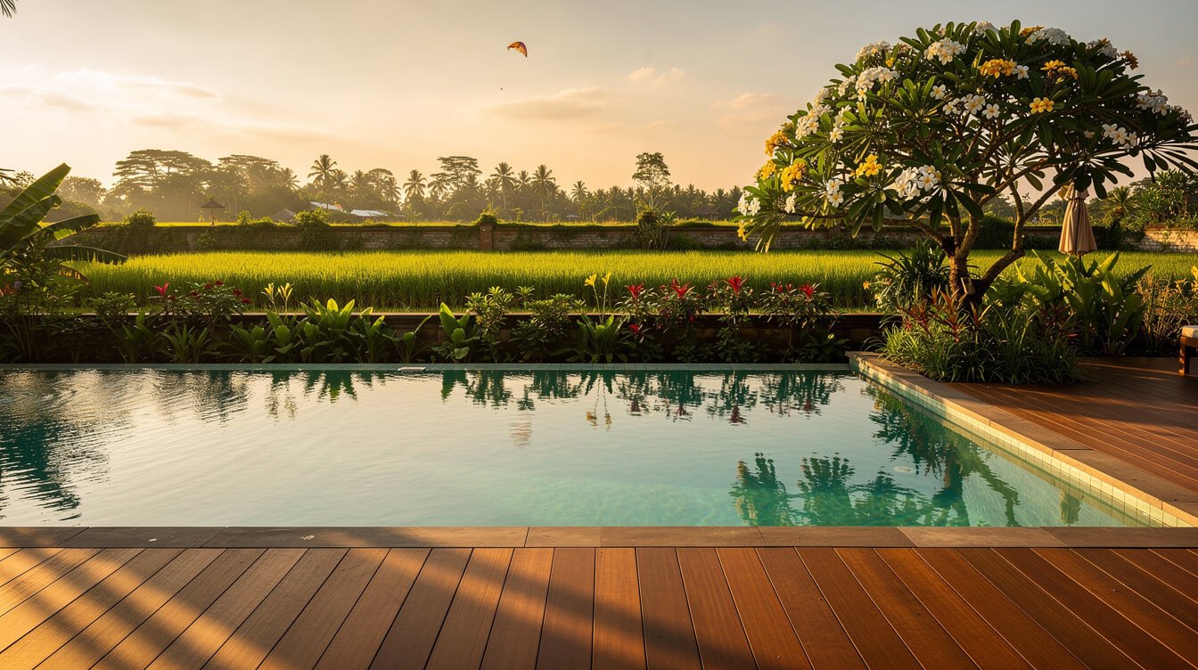 Private pool deck at a staffed villa in Ubud at golden hour